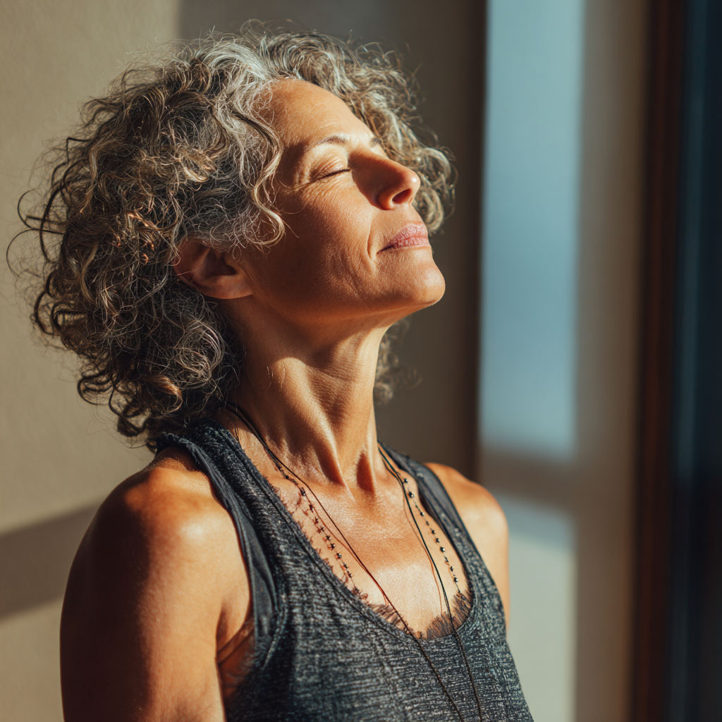 Middle-aged woman practicing gentle yoga stretches in natural light
