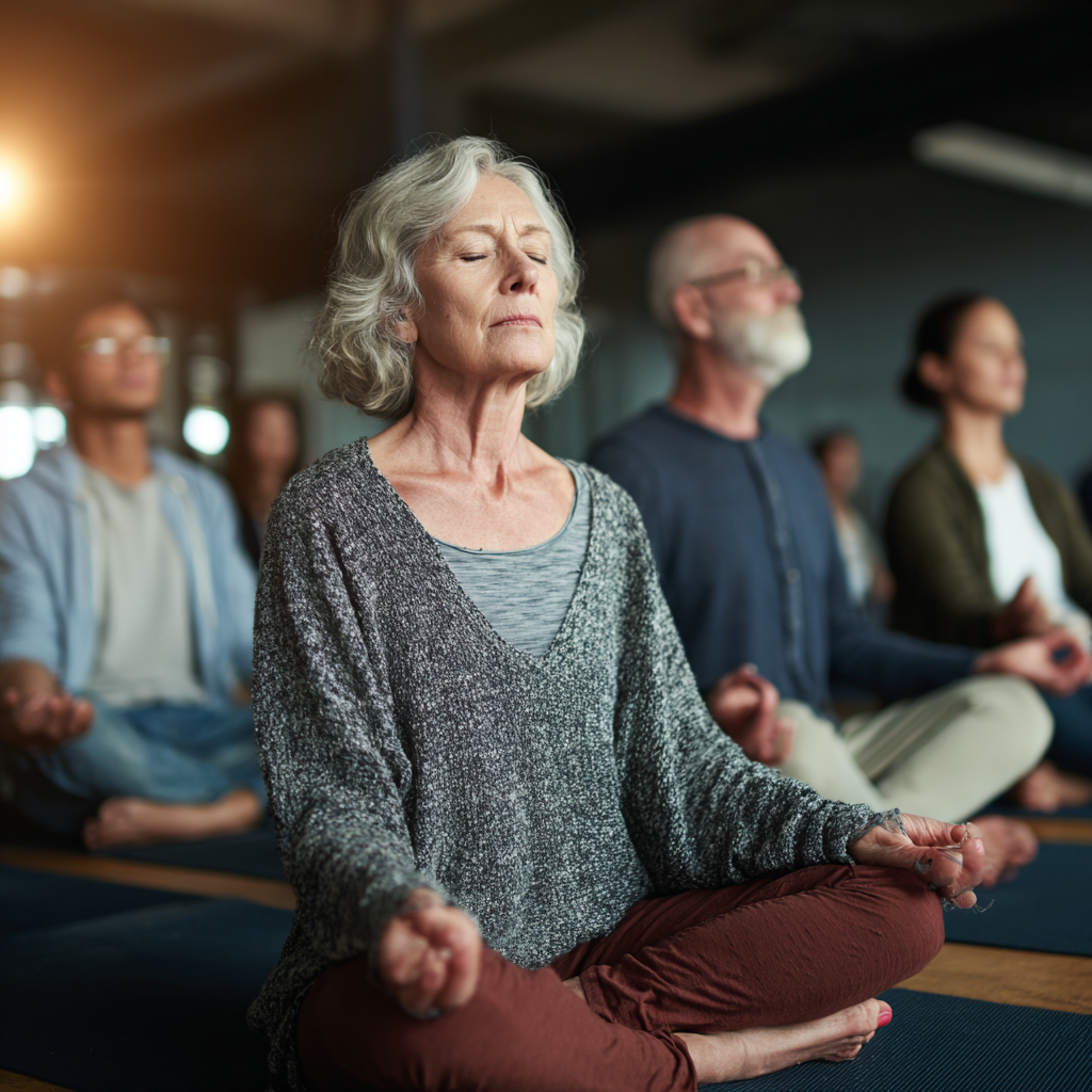 Older adults in meditation pose during mindful breathing session